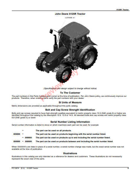 JOHN DEERE 5125R TRACTOR PC13674 - PARTS CATALOG MANUAL