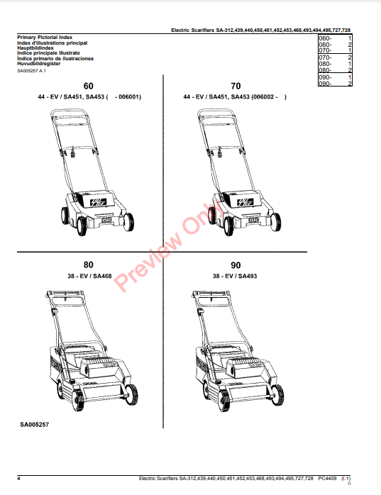 JOHN DEERE ELECTRIC SCARIFIERS SA-312, 439, 440, 450, 451, 452, 453, 468, 493, 494, 495, 727, 728 PC4409 - PARTS CATALOG MANUAL