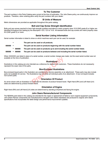JOHN DEERE SEED CONTROL UNIT PC13900 - PARTS CATALOG MANUAL