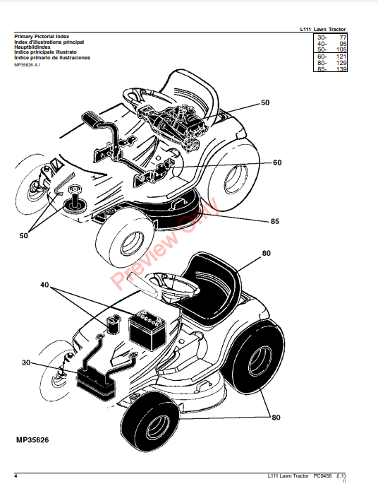 JOHN DEERE L111 LAWN TRACTOR PC9458 - PARTS CATALOG MANUAL