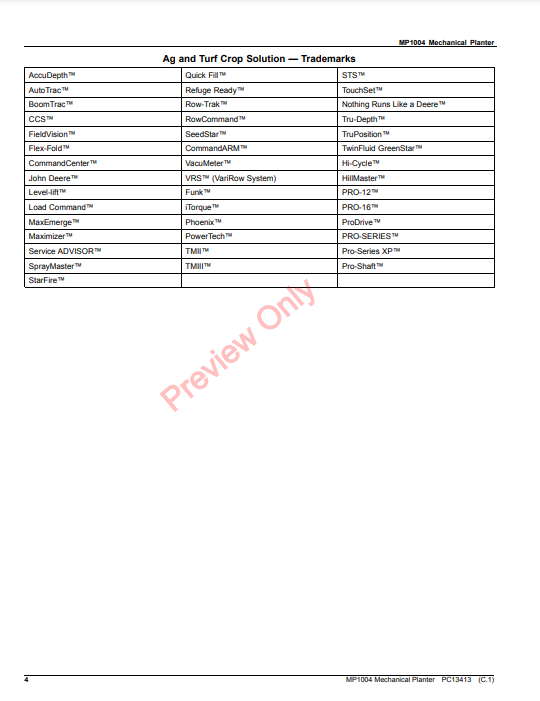 JOHN DEERE MP1004 MECHANICAL PLANTER PC13413 - PARTS CATALOG MANUAL