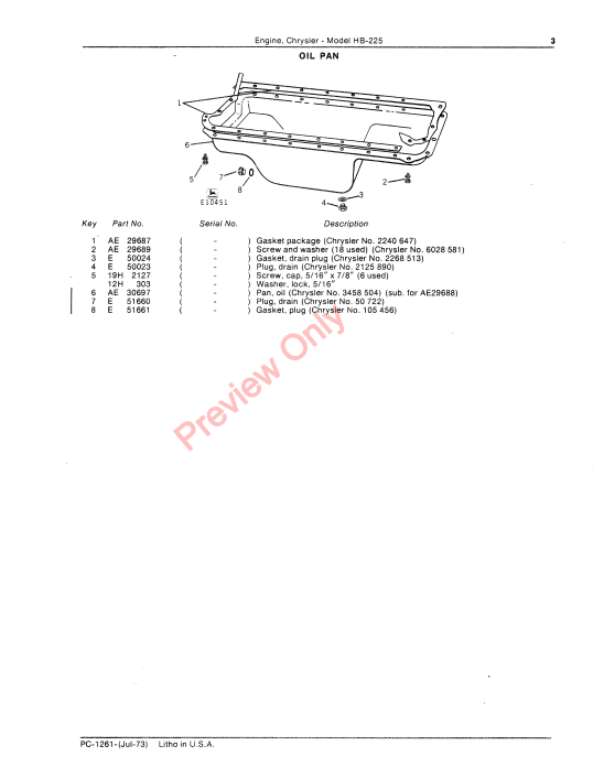 JOHN DEERE MODEL HB-225 CHRYSLER ENGINE PC1261 - PARTS CATALOG MANUAL