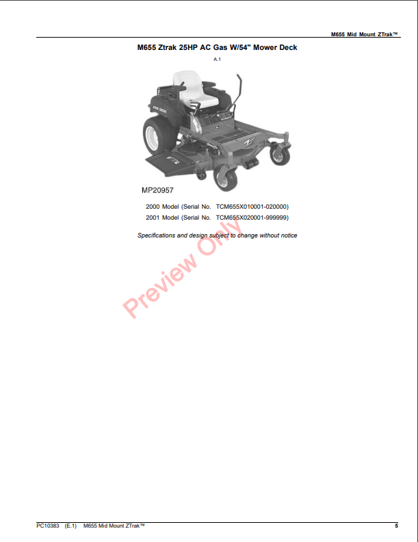 JOHN DEERE M655 MID MOUNT ZTRAK PC1383 - PARTS CATALOG MANUAL