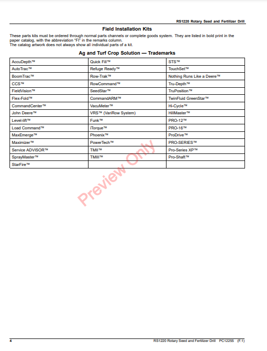 JOHN DEERE RS1220 ROTARY SEED AND FERTILIZER DRILL PC12255 - PARTS CATALOG MANUAL