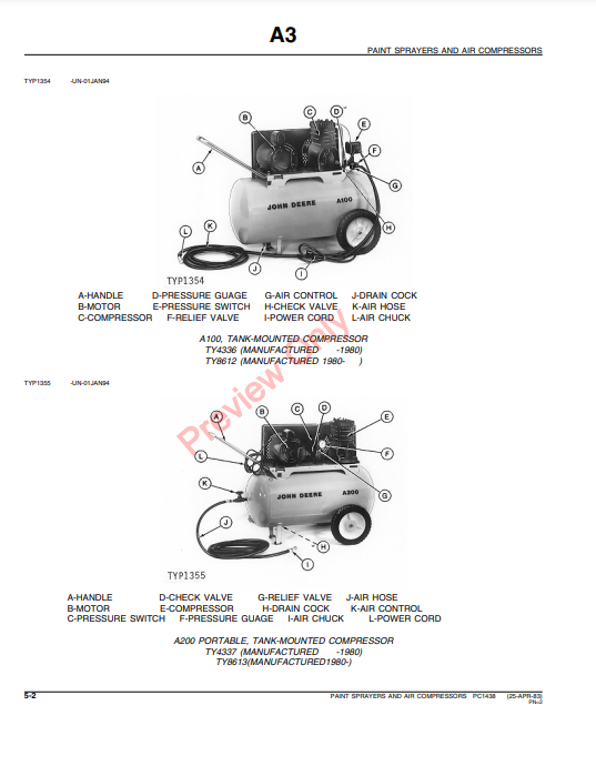 JOHN DEERE A33, A75, A100, A200, A250 & A300 AIR COMPRESSORS & SPRAYERS PC1438 - PARTS CATALOG MANUAL