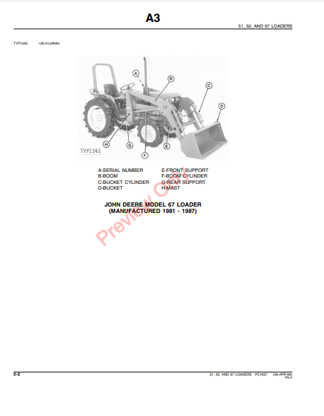 JOHN DEERE 51, 52 & 67 LOADERS PC1837 - PARTS CATALOG MANUAL