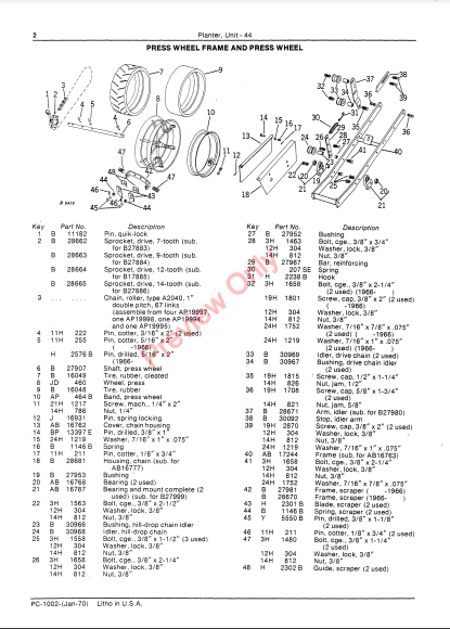 JOHN DEERE 44 UNIT PLANTER PC1002 - PARTS CATALOG MANUAL