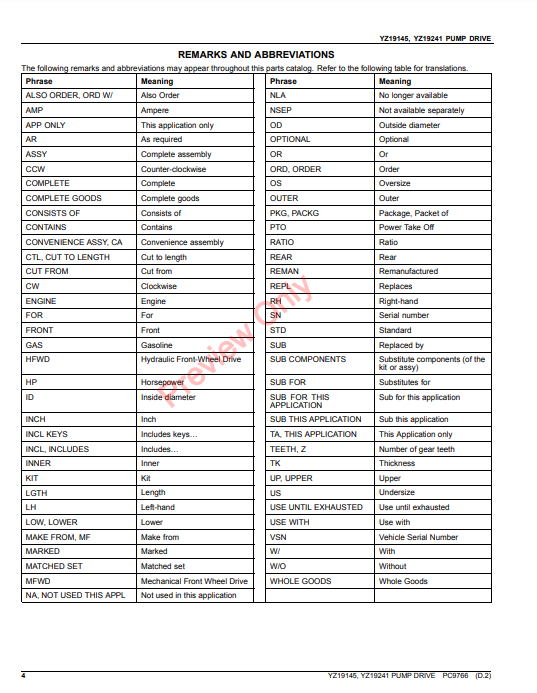 JOHN DEERE YZ19145, YZ19241 PUMP DRIVE PC9766 - PARTS CATALOG MANUAL