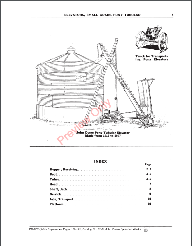 JOHN DEERE SMALL GRAIN ELEVATORS: PONY TUBULAR, TUBULAR AND SERIES 50 (22-OR 30-FOOT) PCC67 - PARTS CATALOG MANUAL