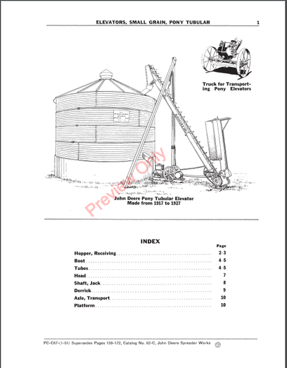 JOHN DEERE SMALL GRAIN ELEVATORS: PONY TUBULAR, TUBULAR AND SERIES 50 (22-OR 30-FOOT) PCC67 - PARTS CATALOG MANUAL