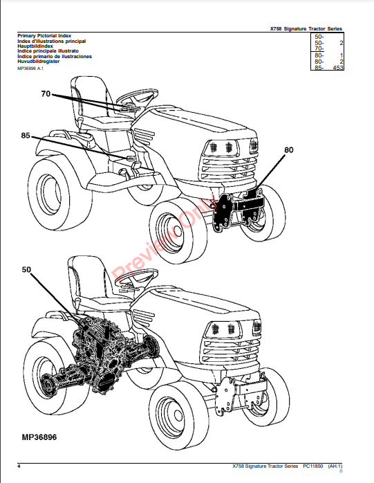 JOHN DEERE X758 SIGNATURE TRACTOR SERIES PC11850 - PARTS CATALOG MANUAL