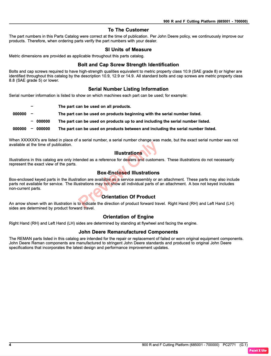 PC2771 - JOHN DEERE 900 RIGID AND FLEX CUTTING PLATFORMS PARTS CATALOGUE MANUAL