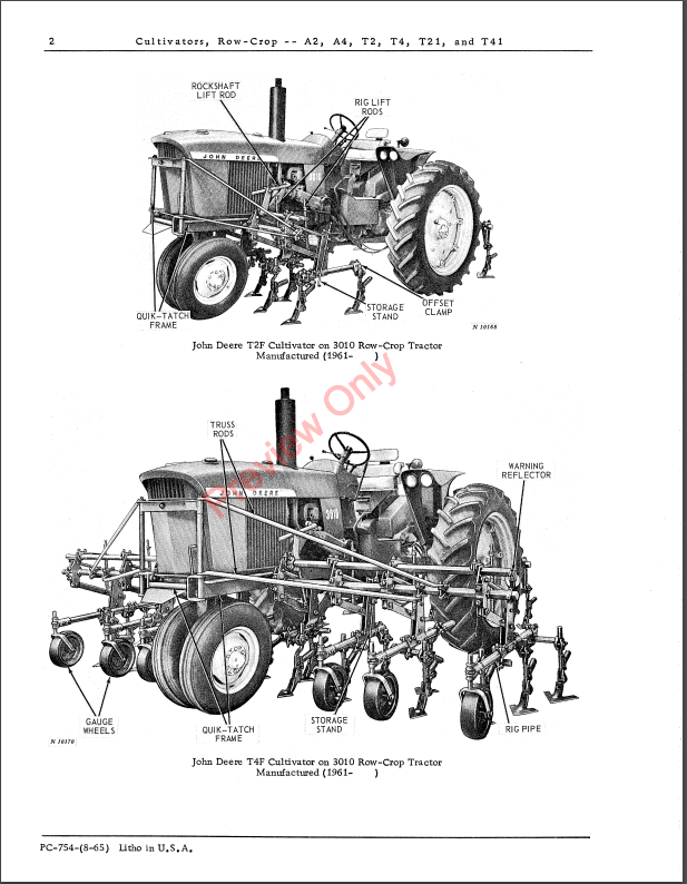 JOHN DEERE CULTIVATORS ROW CROP A2, A4, T2, T4, T21 AND T41 PC754- PARTS CATALOG MANUAL