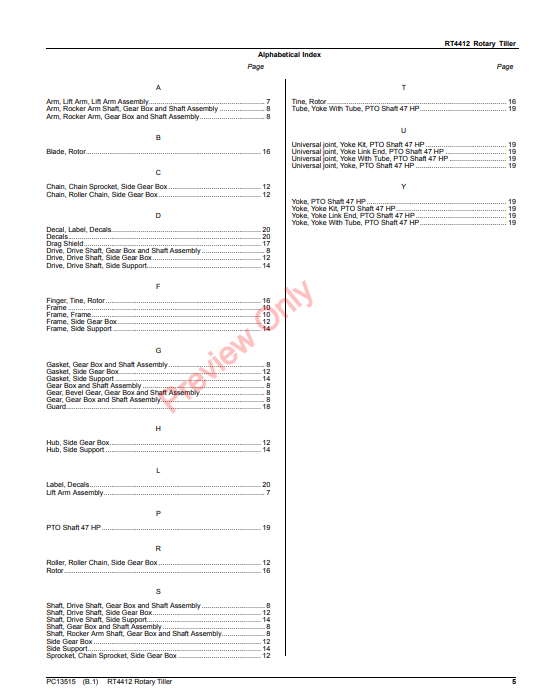 JOHN DEERE RT4412 ROTARY TILLER PC13515 - PARTS CATALOG MANUAL