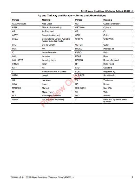 JOHN DEERE R310R MOWER CONDITIONER (WORLDWIDE EDITION) PC3338 - PARTS CATALOG MANUAL