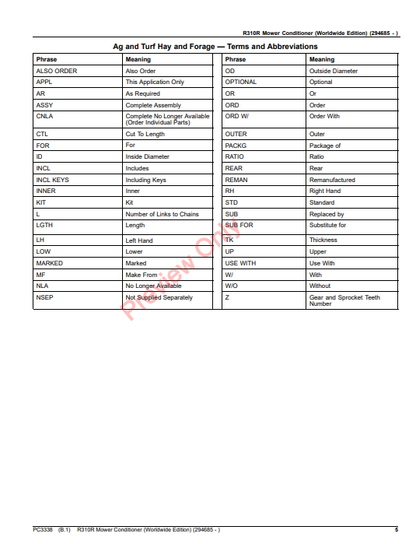 JOHN DEERE R310R MOWER CONDITIONER (WORLDWIDE EDITION) PC3338 - PARTS CATALOG MANUAL