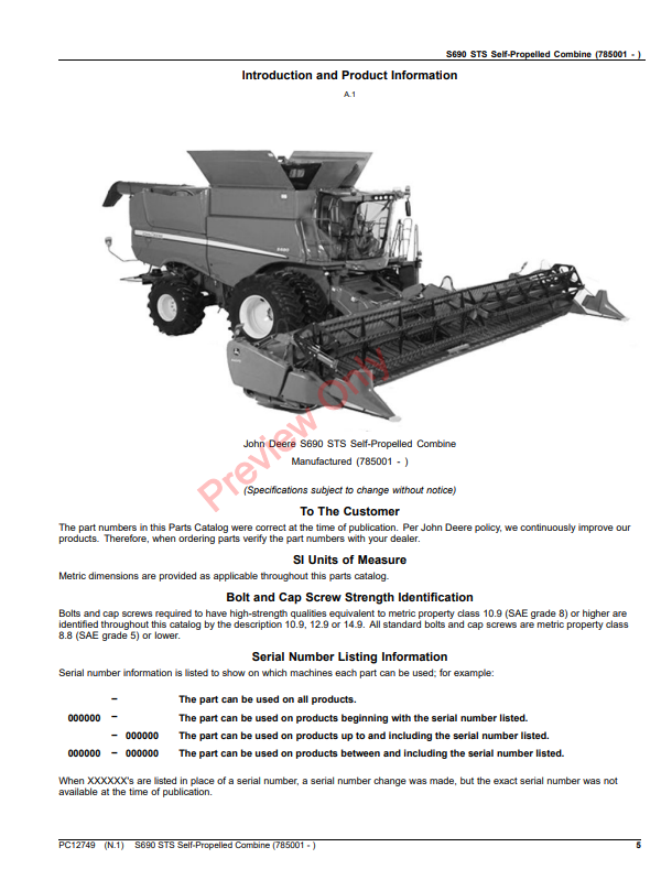 JOHN DEERE S690 STS SELF-PROPRLLED COMBINE PC12749 - PARTS CATALOG MANUAL