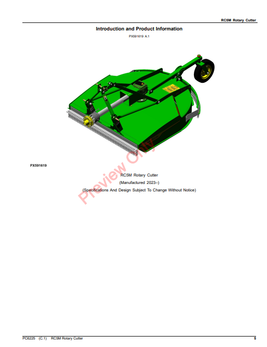 JOHN DEERE RC5M ROTARY CUTTER PC6225 - PARTS CATALOG MANUAL