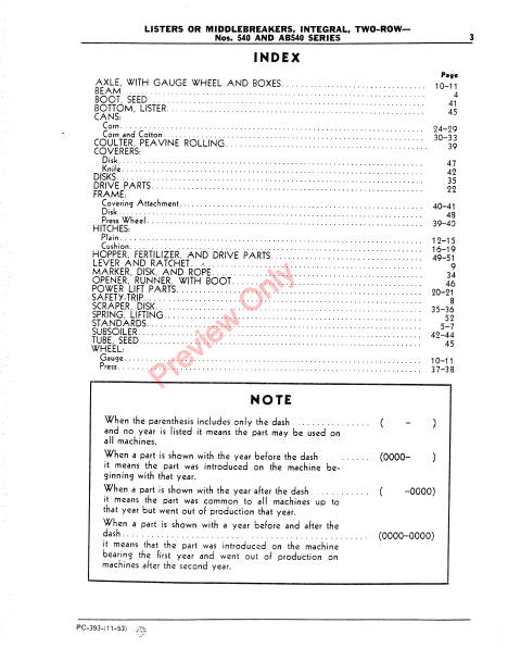 JOHN DEERE 540 SERIES LISTER, INTEGRAL PC393 - PARTS CATALOG MANUAL