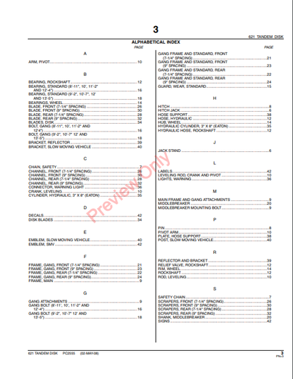 JOHN DEERE 621 TANDEM DISK PC2555 - PARTS CATALOG MANUAL