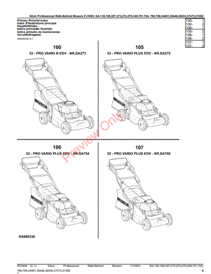 JOHN DEERE 52CM PROFESSIONAL WALK-BEHIND MOWERS 4-CYCLE ENGINE FJ180V, SA135, 188, 207, 273, 274, 275, 349, 701, 70 PC4404 - PARTS CATALOG MANUAL