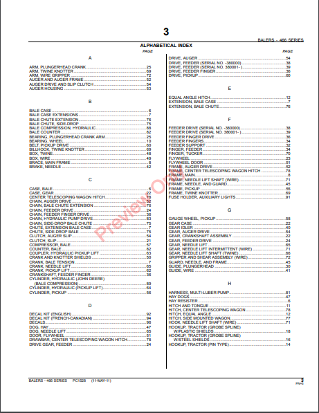 JOHN DEERE 466 SQUARE BALER PC1528 - PARTS CATALOG MANUAL