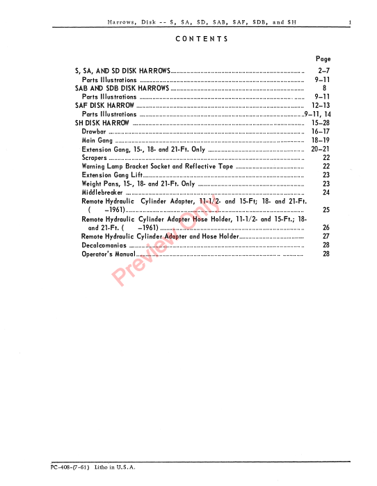 JOHN DEERE DISK HARROWS-S, SA, SD, SH, SAB, SAF, SDB PC408 - PARTS CATALOG MANUAL