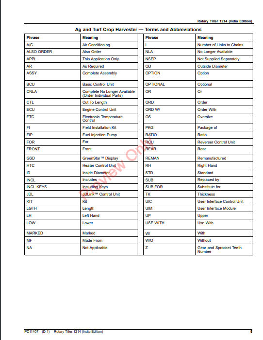 JOHN DEERE ROTARY TILLER 1214 (INDIA EDITION) PC11407 - PARTS CATALOG MANUAL