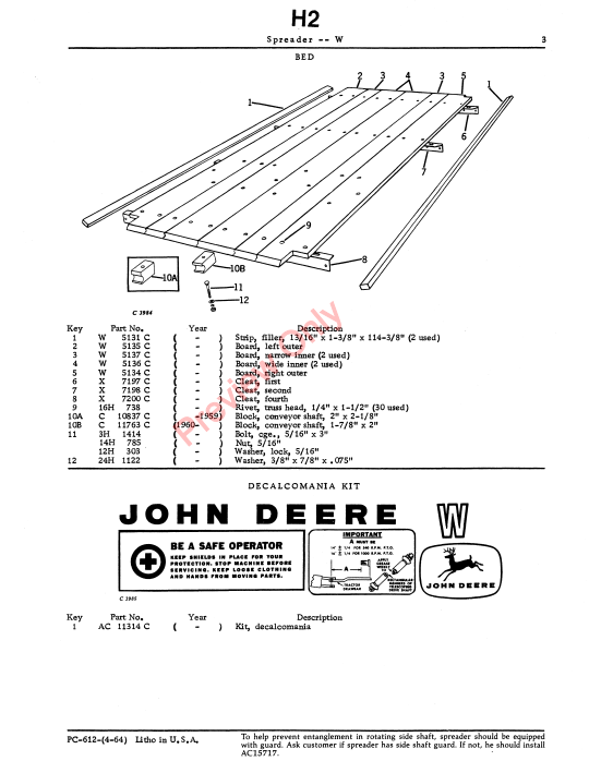 JOHN DEERE W MANURE SPREADER PC612 - PARTS CATALOG MANUAL