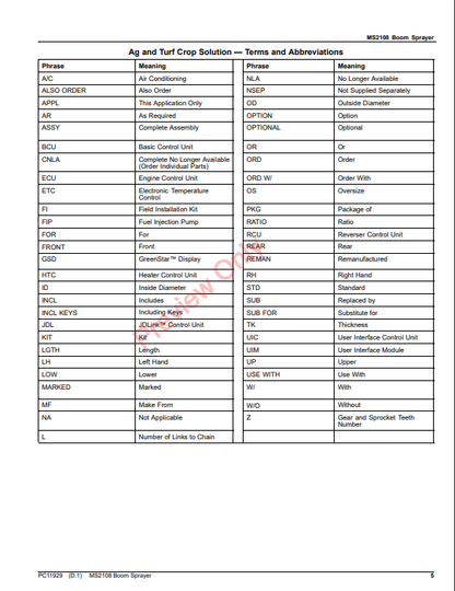 JOHN DEERE MS2108 BOOM SPRAYER PC11929 - PARTS CATALOG MANUAL