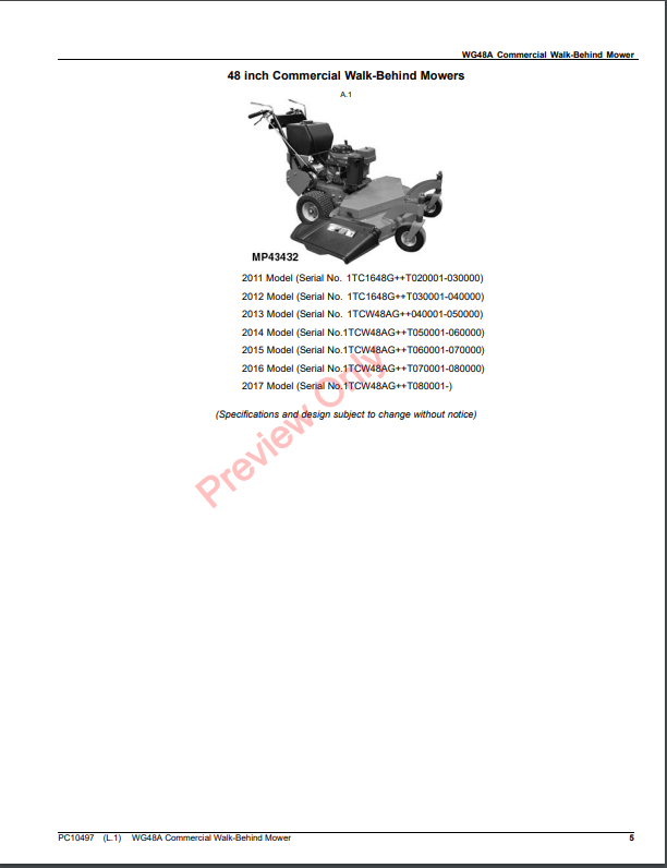 JOHN DEERE WG48A COMMERCIAL WALK-BEHIND MOWER PC10497 - PARTS CATALOG MANUAL