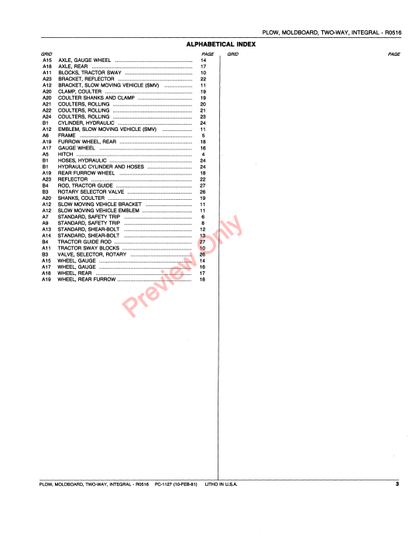 JOHN DEERE RO 516 INTEGRAL TWO-WAY MOLDBOARD PLOW PC1127 - PARTS CATALOG MANUAL