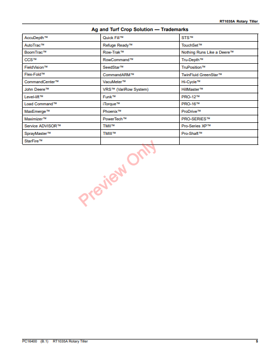 JOHN DEERE RT1035A ROTARY TILLER PC16400 - PARTS CATALOG MANUAL