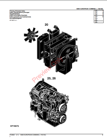 JOHN DEERE S690 COMBINE PC9662 - PARTS CATALOG MANUAL