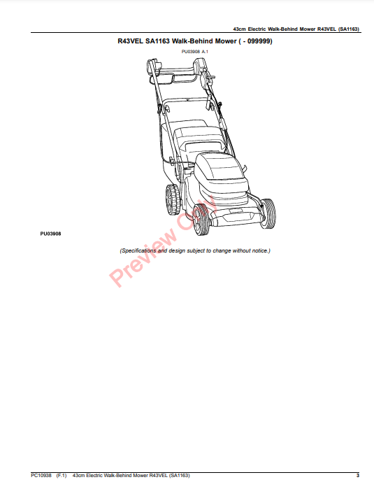 JOHN DEERE 43CM ELECTRIC WALK-BEHIND MOWER R43VEL (SA1163) PC10938 - PARTS CATALOG MANUAL