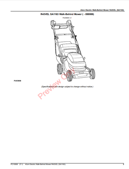 JOHN DEERE 43CM ELECTRIC WALK-BEHIND MOWER R43VEL (SA1163) PC10938 - PARTS CATALOG MANUAL