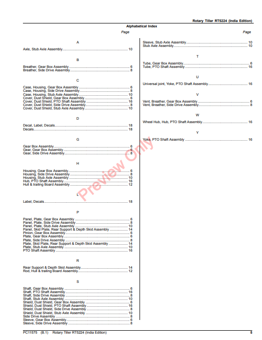 JOHN DEERE ROTARY TILLER RT5224 (INDIA EDITION) PC11575 - PARTS CATALOG MANUAL