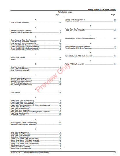 JOHN DEERE ROTARY TILLER RT5224 (INDIA EDITION) PC11575 - PARTS CATALOG MANUAL