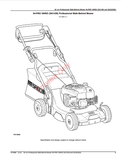 JOHN DEERE 54CM PROFESSIONAL WALK-BEHIND MOWER 54-PRO VARIO (SA1439 AND SA322520) PC4896 - PARTS CATALOG MANUAL