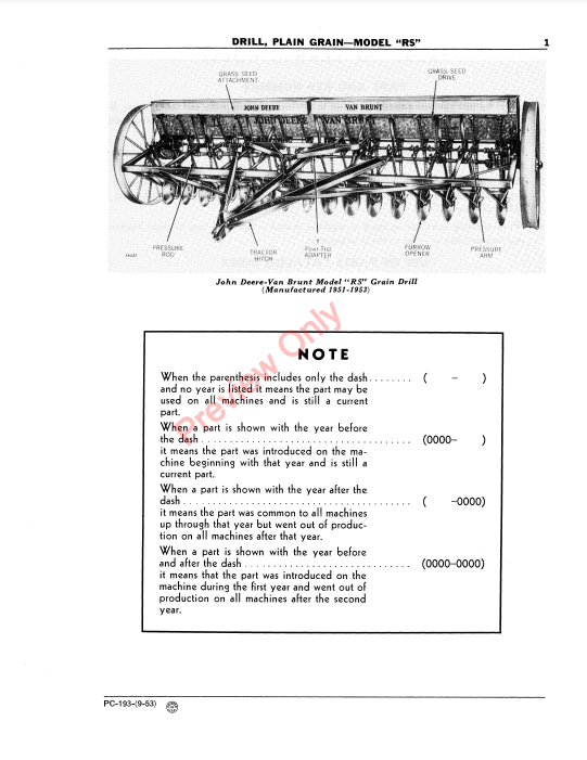 JOHN DEERE RS GRAIN DRILL, PLAIN PC193 - PARTS CATALOG MANUAL