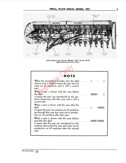 JOHN DEERE RS GRAIN DRILL, PLAIN PC193 - PARTS CATALOG MANUAL