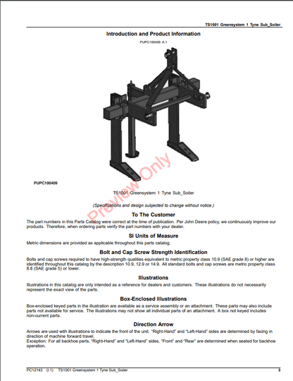 JOHN DEERE TS1001 GREENSYSTEM 1 TYNE SUB-SOILER PC12143 - PARTS CATALOG MANUAL