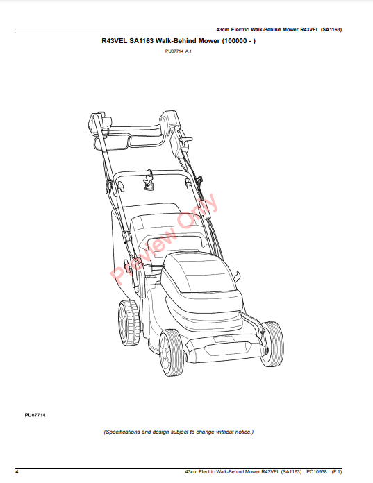 JOHN DEERE 43CM ELECTRIC WALK-BEHIND MOWER R43VEL (SA1163) PC10938 - PARTS CATALOG MANUAL