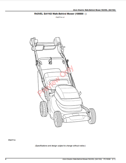 JOHN DEERE 43CM ELECTRIC WALK-BEHIND MOWER R43VEL (SA1163) PC10938 - PARTS CATALOG MANUAL