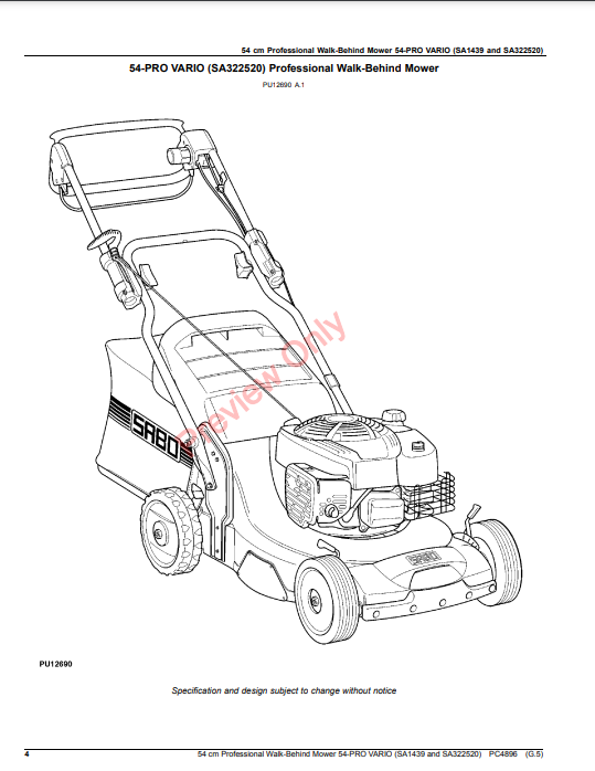 JOHN DEERE 54CM PROFESSIONAL WALK-BEHIND MOWER 54-PRO VARIO (SA1439 AND SA322520) PC4896 - PARTS CATALOG MANUAL