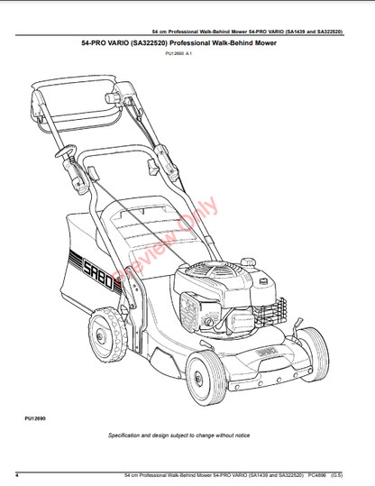 JOHN DEERE 54CM PROFESSIONAL WALK-BEHIND MOWER 54-PRO VARIO (SA1439 AND SA322520) PC4896 - PARTS CATALOG MANUAL