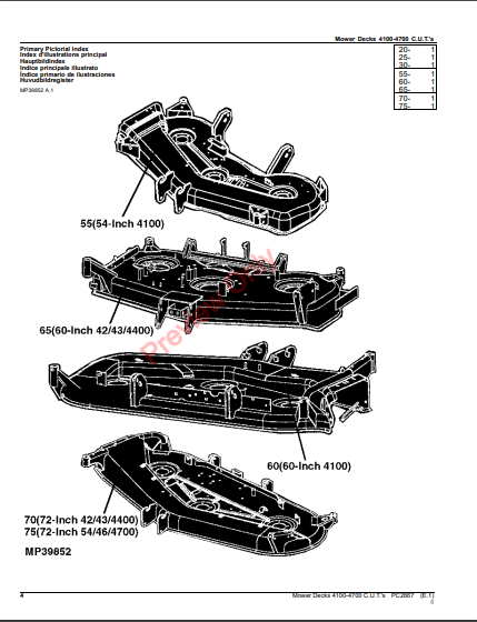 JOHN DEERE 54-INCH, 60-INCH, 72-INCH MOWER DECKS (FOR 41/42/43/44/45/46/4700 COMPACT UTILITY TRACTORS) PC2667 - PARTS CATALOG MANUAL