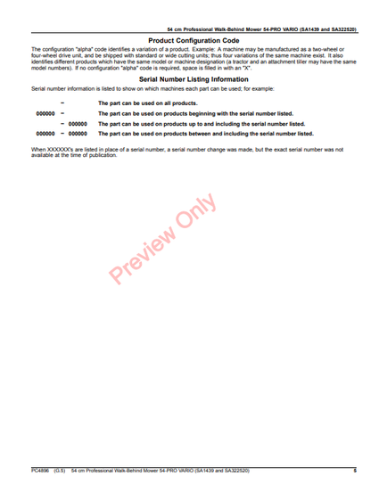 JOHN DEERE 54CM PROFESSIONAL WALK-BEHIND MOWER 54-PRO VARIO (SA1439 AND SA322520) PC4896 - PARTS CATALOG MANUAL