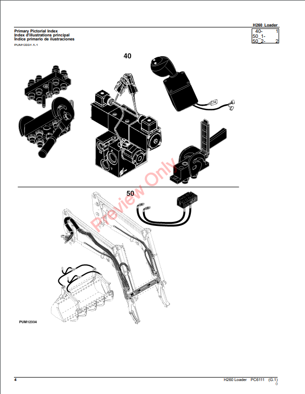 JOHN DEERE H260 LOADER PC6111 - PARTS CATALOG MANUAL