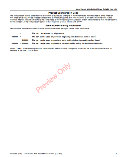 JOHN DEERE 43CM ELECTRIC WALK-BEHIND MOWER R43VEL (SA1163) PC10938 - PARTS CATALOG MANUAL